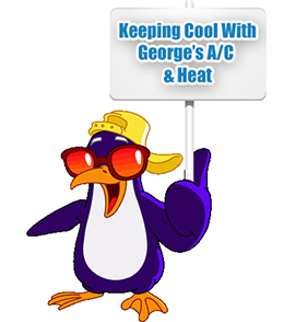 Image of penguin with sunglasses holding sign.